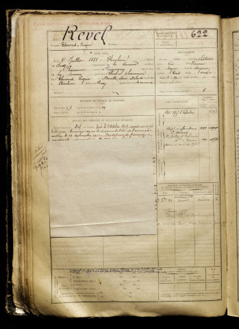 Revel, Edmond Eugène, né le 04 juillet 1888 à Étinehem (Somme), classe 1908, matricule n° 622, Bureau de recrutement de Péronne