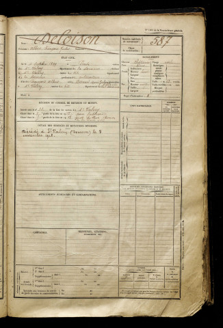 Deloison, Albert François Jules, né le 04 octobre 1899 à Pendé (Somme), classe 1919, matricule n° 587, Bureau de recrutement d'Abbeville