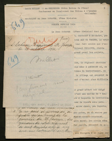 Témoignage de Millet, Louis et correspondance avec Jacques Péricard