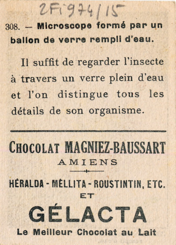 Chocolat Magniez-Baussart, Amiens. Image 308 : microscope formé par un ballon de verre rempli d'eau