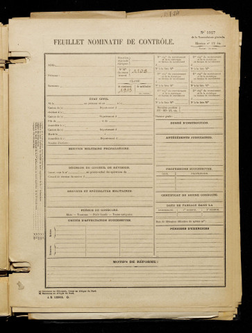 Inconnu, classe 1915, matricule n° 1108, Bureau de recrutement de Péronne