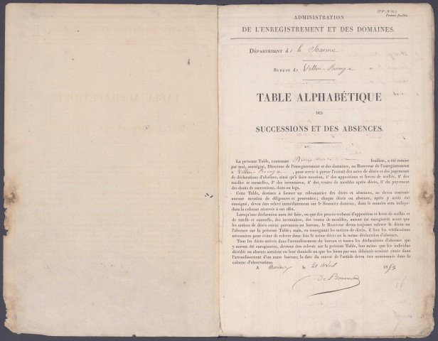 Table des successions et absences du bureau de Villers-Bocage