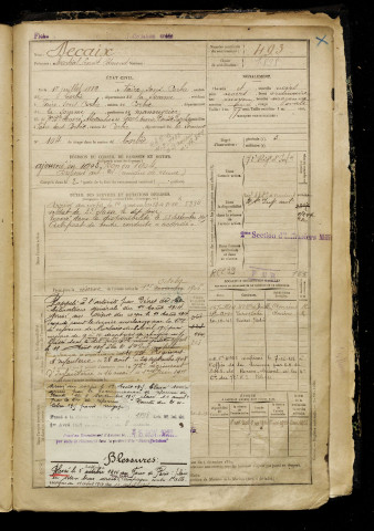 Decaix, Martial Ernest Edmond, né le 01 juillet 1882 à Vaire-sous-Corbie (Somme), classe 1902, matricule n° 493, Bureau de recrutement d'Amiens