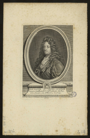 Jean Racine de l'Académie Française gentilhomme ordinaire du Roy, né le 21 décembre 1639 et mort le 21 avril 1699