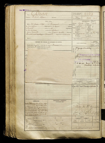 Dian, Robert Henri, né le 29 juin 1895 à Brimont (Marne), classe 1915, matricule n° 1194, Bureau de recrutement d'Amiens