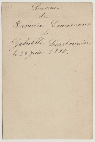 Prenez part à ma joie ! J'ai reçu le pain des anges ! Calice et hostie. Souvenir de première communion de Gabrielle Lecarbonnier, le 29 juin 1890