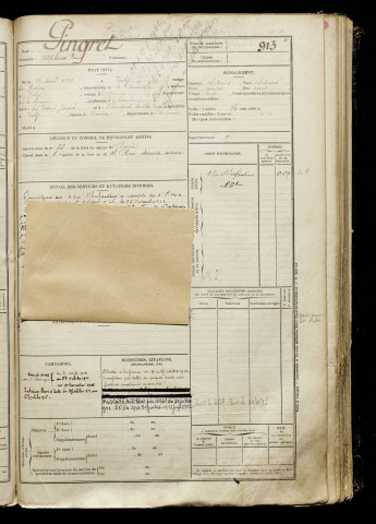 Pingret, Alphonse Désiré, né le 15 avril 1893 à Vrély (Somme), classe 1913, matricule n° 913, Bureau de recrutement de Péronne