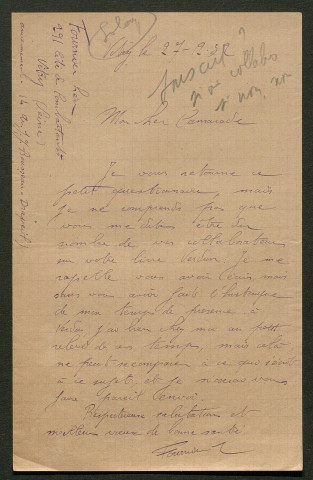 Témoignage de Fournier, Léon (Agent de liaison) et correspondance avec Jacques Péricard