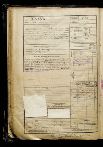 Hullin, Alfred Juste, né le 01 mars 1898 à Billy-Montigny (Pas-de-Calais), classe 1918, matricule n° 1154, Bureau de recrutement d'Amiens