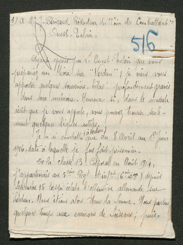 Témoignage de Legrand, Edmond (Caporal) et correspondance avec Jacques Péricard