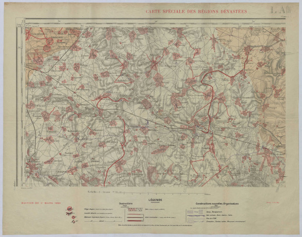Laon. Ministère des Régions libérées : carte spéciale des régions dévastées, établies sur cartes d'état-major type 1889, révision 1912