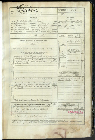 Thiébaut, Lucain, né le 1 mars 1861 à Tours-en-Vimeu (Somme, France), classe 1881, matricule n° 643, Bureau de recrutement d'Abbeville