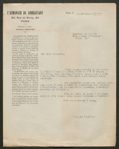 Témoignage de Brantegem, Fernand et correspondance avec Jacques Péricard