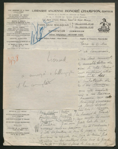 Témoignage de Liénard, J. (Libraire- éditeur) et correspondance avec Jacques Péricard