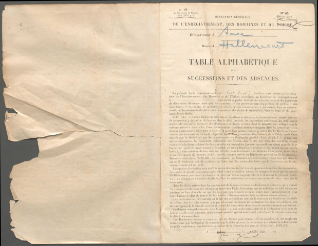 Table des successions et absences du bureau de Hallencourt