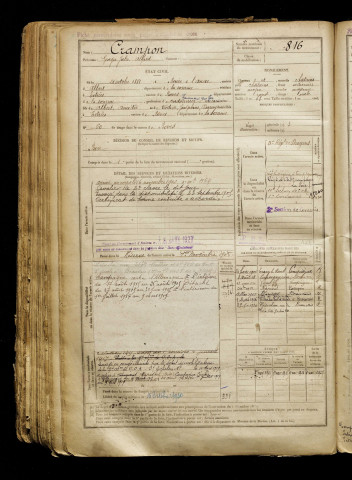Crampon, Georges Jules Alfred, né le 21 octobre 1881 à Buire-sur-l'Ancre (Somme), classe 1901, matricule n° 816, Bureau de recrutement d'Amiens