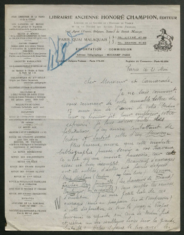 Témoignage de Liénard, J. (Libraire- éditeur) et correspondance avec Jacques Péricard