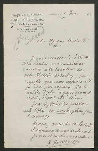 Témoignage de Couraud, F. (Capitaine) et correspondance avec Jacques Péricard