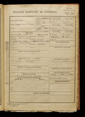Leroux, Edgard Louis Maurice, né le 03 novembre 1892 à Neuvillette (Somme), classe 1912, matricule n° 72, Bureau de recrutement d'Abbeville