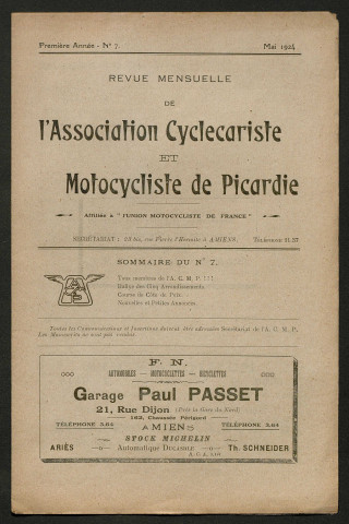 Revue mensuelle de l'association cyclecariste et motocycliste de Picardie - 1ère année, numéro 7