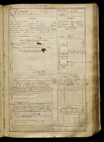 Conin, Gaston Sévérin Arsène, né le 10 mai 1883 à Asnières-sur-Seine (Hauts-de-Seine), classe 1903, matricule n° 213, Bureau de recrutement d'Amiens