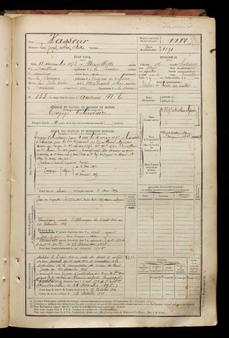 Vasseur, Louis Joseph Arthur Célestin, né le 18 novembre 1873 à Neuvillette (Somme), classe 1893, matricule n° 1117, Bureau de recrutement d'Amiens