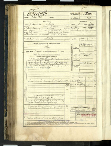 Fertelle, Julien Paul, né le 20 août 1861 à Corbie (Somme, France), classe 1881, matricule n° 200, Bureau de recrutement d'Amiens