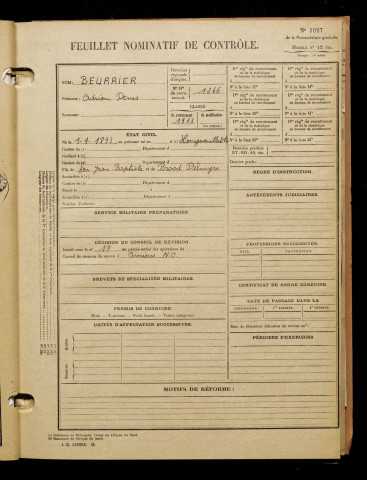 Beurrier, Adrien Denis, né le 01 septembre 1893 à Longuevillette (Somme), classe 1913, matricule n° 1266, Bureau de recrutement d'Amiens