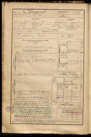 Choquet, Charles Emilien Jean Baptiste, né le 19 septembre 1867 à Ytres (Somme), classe 1887, matricule n° 558, Bureau de recrutement de Péronne
