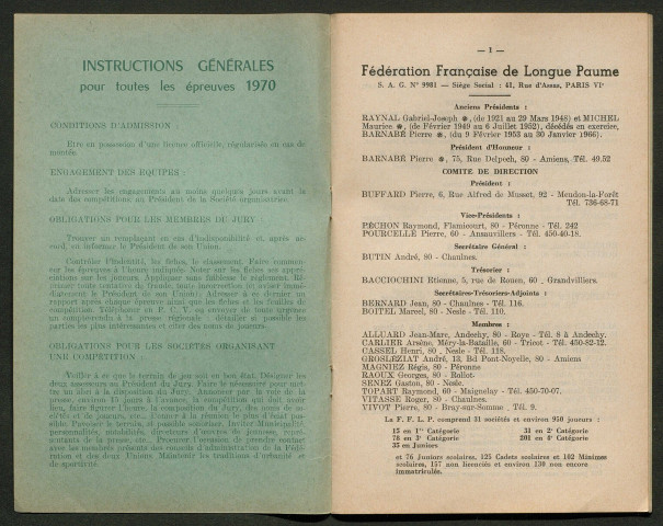 Opuscule (année 1970). Fédération française de Longue Paume : classement des joueurs. Le flambeau de la paume symbole de la pérennité