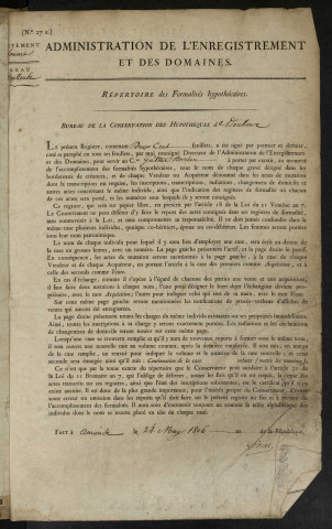 Répertoire des formalités hypothécaires, du 20/11/1806 au 02/10/1807, volume n° 22 (Conservation des hypothèques de Doullens)