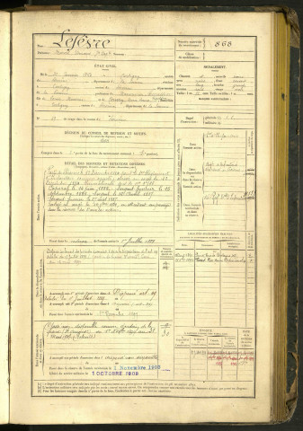 Lefèvre, Marcel Edmond Jean Baptiste, né le 31 janvier 1863 à Cartigny (Somme, France), classe 1883, matricule n° 868, Bureau de recrutement de Péronne