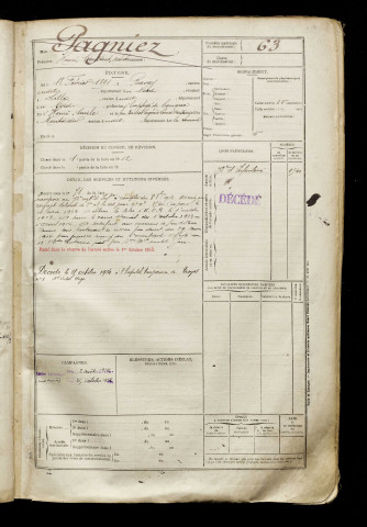 Pagniez, Henri Constant André, né le 18 février 1891 à Bavay (Nord), classe 1911, matricule n° 63, Bureau de recrutement de Péronne