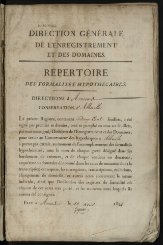 Répertoire des formalités hypothécaires, du 31/10/1834 au 23/03/1835, registre n° 148 (Abbeville)