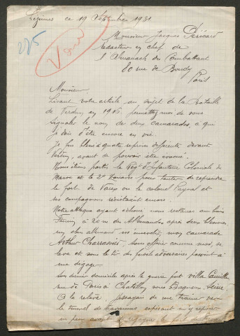 Témoignage de Chenevay, Camille et correspondance avec Jacques Péricard