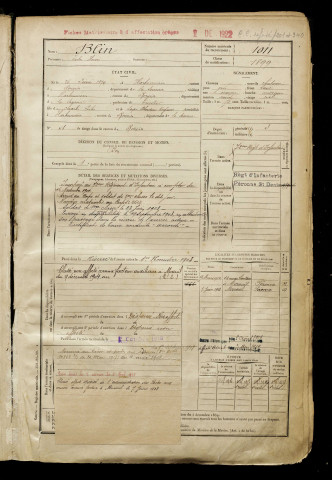 Blin, Jules Henri, né le 26 février 1879 à Harbonnières (Somme), classe 1899, matricule n° 1011, Bureau de recrutement de Péronne