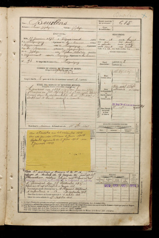 Dourlens, Louis Zéphyrin, né le 23 janvier 1873 à Vignacourt (Somme), classe 1893, matricule n° 615, Bureau de recrutement d'Amiens