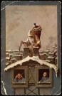 Carte postale intitulée "Joyeux Noël" représentant le Père-Noël sur un toit de maison et à la fenêtre un enfant souriant et un enfant pleurant. Correspondance de Raymond Paillart à son fils Louis