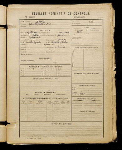 Dubois, Jean Alphonse Robert, né le 11 juillet 1898 à Marcelcave (Somme), classe 1918, matricule n° 208, Bureau de recrutement d'Amiens