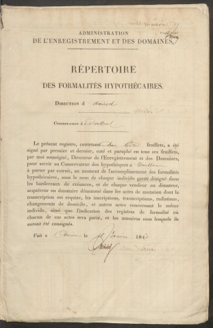 Répertoire des formalités hypothécaires, du 01/02/1843 au 23/12/1843, volume n° 66 (Conservation des hypothèques de Doullens)