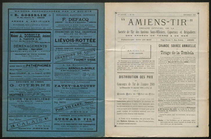 Amiens-tir, organe officiel de l'amicale des anciens sous-officiers, caporaux et soldats d'Amiens, numéro 12 (décembre 1909)