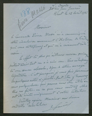 Témoignage de Omnès, L. (Sous-lieutenant) et correspondance avec Jacques Péricard