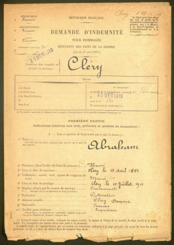 Cléry-sur-Somme. Demande d'indemnisation des dommages de guerre : dossier Abraham Henri