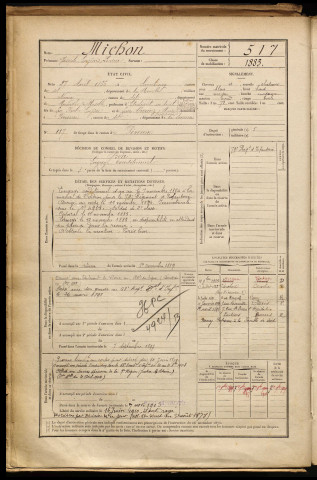 Michon, Joseph Eugène Lucien, né le 27 avril 1866 à Sarrebourg (Moselle), classe 1886, matricule n° 517, Bureau de recrutement de Péronne