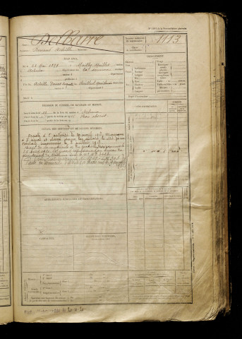 Delbarre, Fernand Achille, né le 22 mai 1899 à Mailly-Maillet (Somme), classe 1919, matricule n° 1113, Bureau de recrutement d'Abbeville
