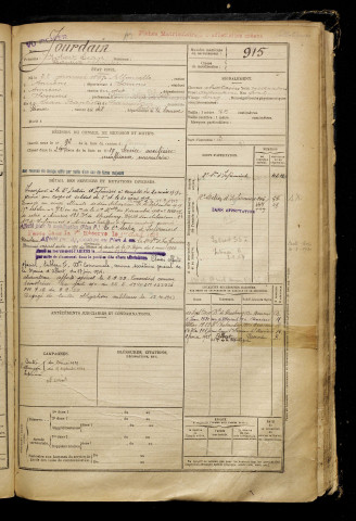 Jourdain, Robert Jean Baptiste Charles, né le 22 janvier 1897 à Allonville (Somme), classe 1917, matricule n° 915, Bureau de recrutement de Péronne