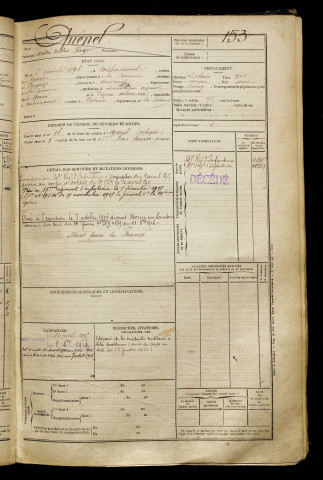 Quénel, André Nicolas Roger, né le 05 décembre 1896 à Méharicourt (Somme), classe 1916, matricule n° 153, Bureau de recrutement de Péronne