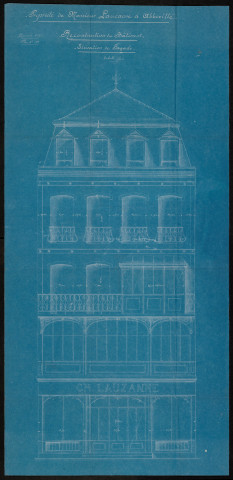 Propriété de Monsieur Charles Lauzanne à Abbeville. Projet de reconstruction d'un bâtiment : commerce de quincaillerie - chaudronnerie surmonté d'un logement d'habitation. Élévation de la façade, commande n° 145, plan n° 189