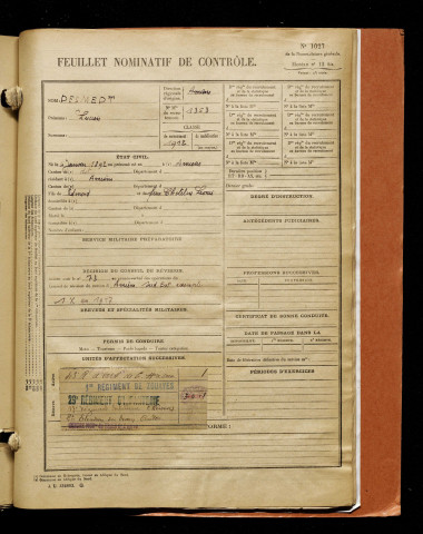 Desmedt, Lucien, né le 04 janvier 1892 à Amiens (Somme), classe 1912, matricule n° 1353, Bureau de recrutement d'Amiens