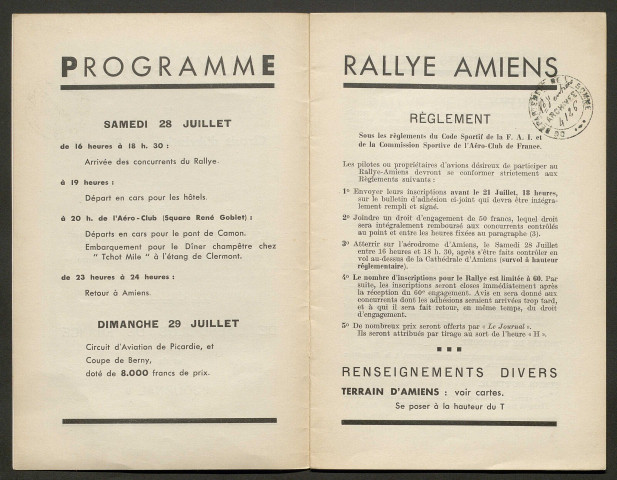 Rallye international et circuit aérien de Picardie. Rallye Amiens et circuit d'aviation de Picardie (coupe de Berny) . Amiens 28 et 29 juillet 1934. Aéro-club de Picardie